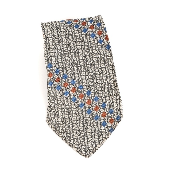 Unbranded Grey Geometric Pattern Silk W/small Blue and Brown Diamond Pattern Tie - Picture 1 of 6